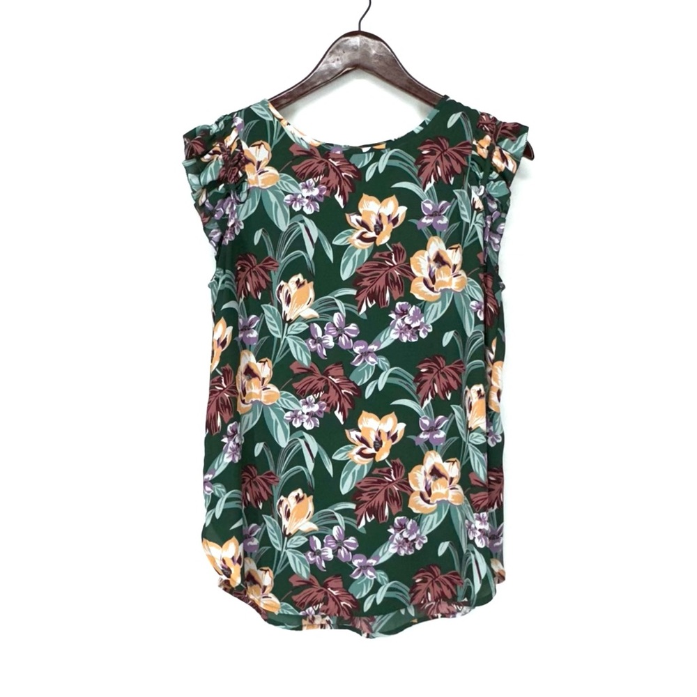 Loft Ruffle Capped Short Sleeve Floral Print Blouse Green Multi Size Small